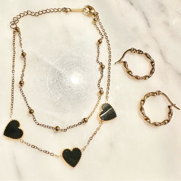 NEW Gold Tone Black Enamel Heart Double Layer Bracelet and Hoop Earring Set - Picture 3 of 6
